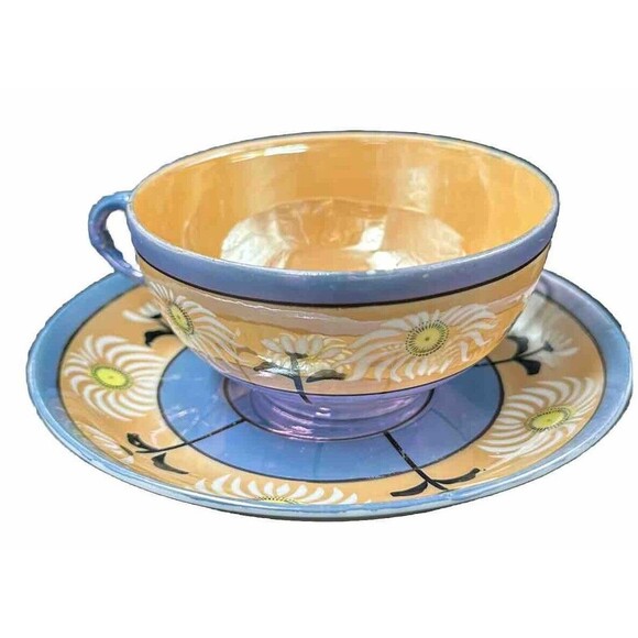 Vintage Japanese Lusterware 4 Teacups and 6 Saucers Set Iridescent Hand Painted - Picture 4 of 16